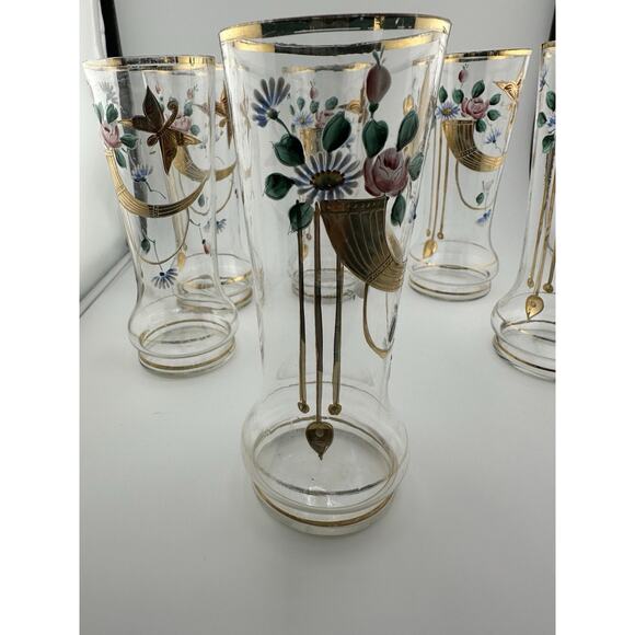 Antique Bohemian Set of 6 Enameled Tall Glasses Art Nouveau Butterflies 6" Tall - Picture 3 of 9